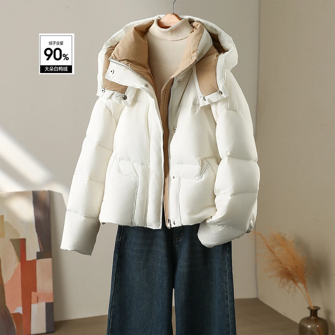 TYAYR206短款羽绒服女连帽90鸭绒长袖撞色面包服羽绒外套