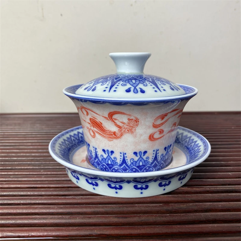 青花釉里红飞天马蹄三才盖碗釉下彩釉下青茶盖碗家用功夫茶具