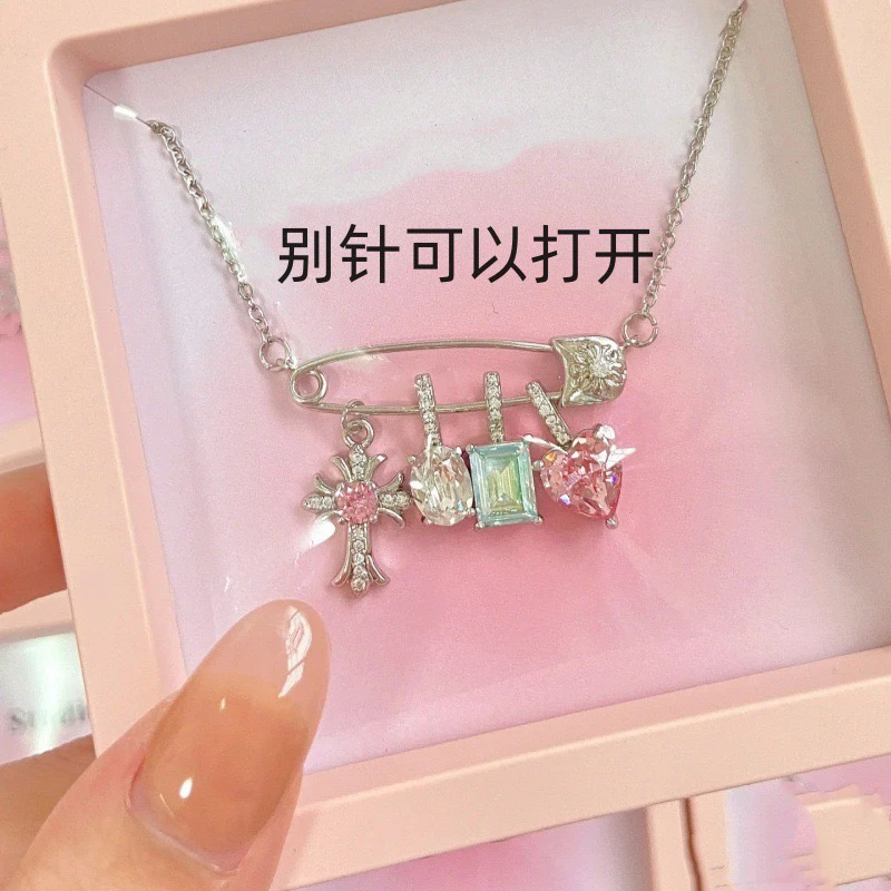 铜项链 镇店之宝/新款粉蓝配十字架锆石回形针项链女爱心吊坠项链