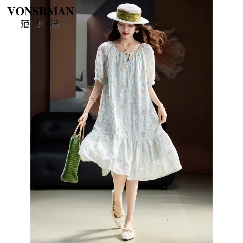 时尚刺绣串珠连衣裙女夏季新款大码裙子2025年欧货宽松A字裙