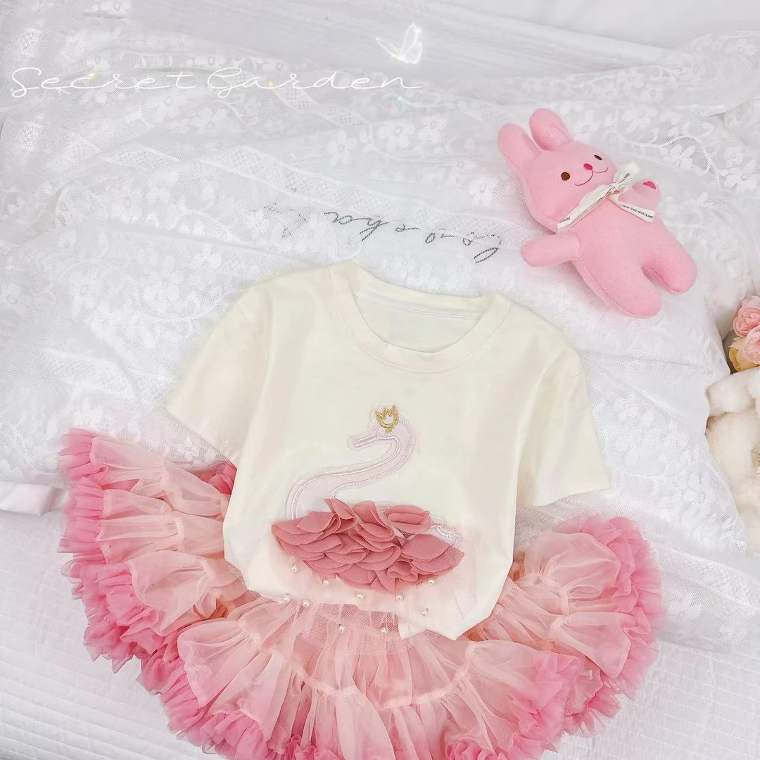 新款女童时尚蕾丝钉珠天鹅T恤 D-AB118