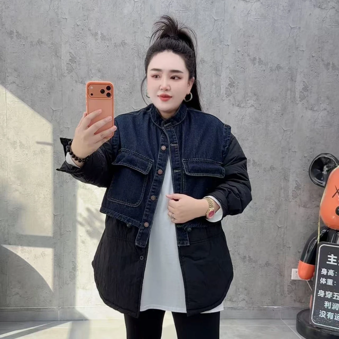牛仔拼接假两件宽松舒适棉衣外套