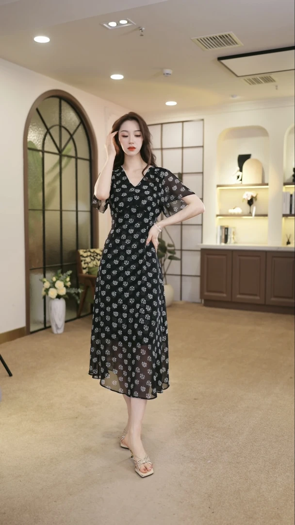 【BW】夏季法式印花修身显瘦时尚气质设计洋气收腰连衣裙-25-S38