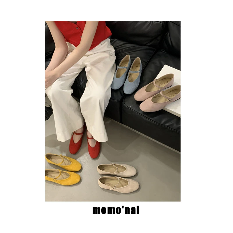 momo'nai 敲显白~韩版温柔圆头浅口一字带单鞋春季配裙子芭蕾舞鞋