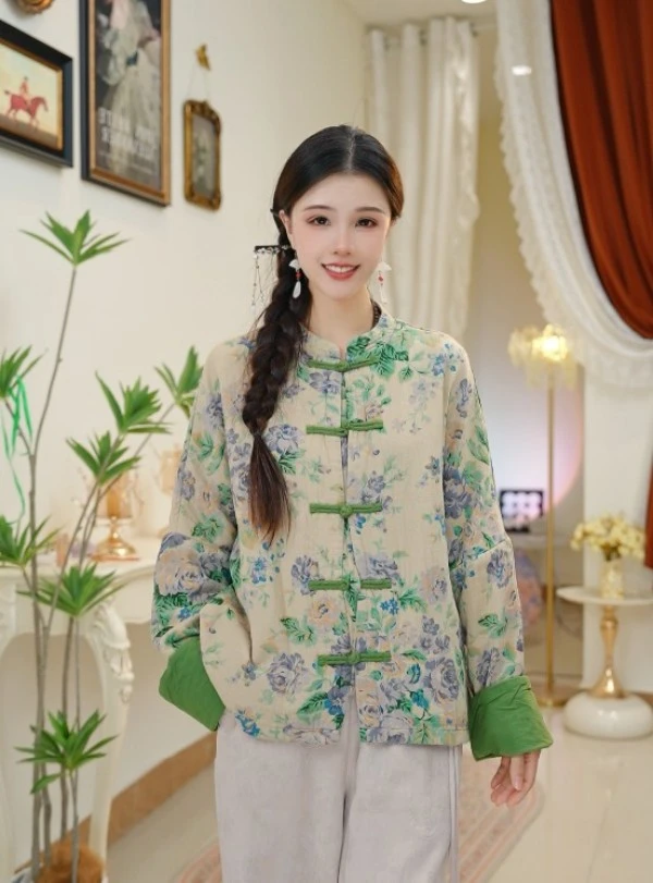 【黛影】复古盘扣棉麻印花新中式国风上衣女新文艺宽松显瘦外套