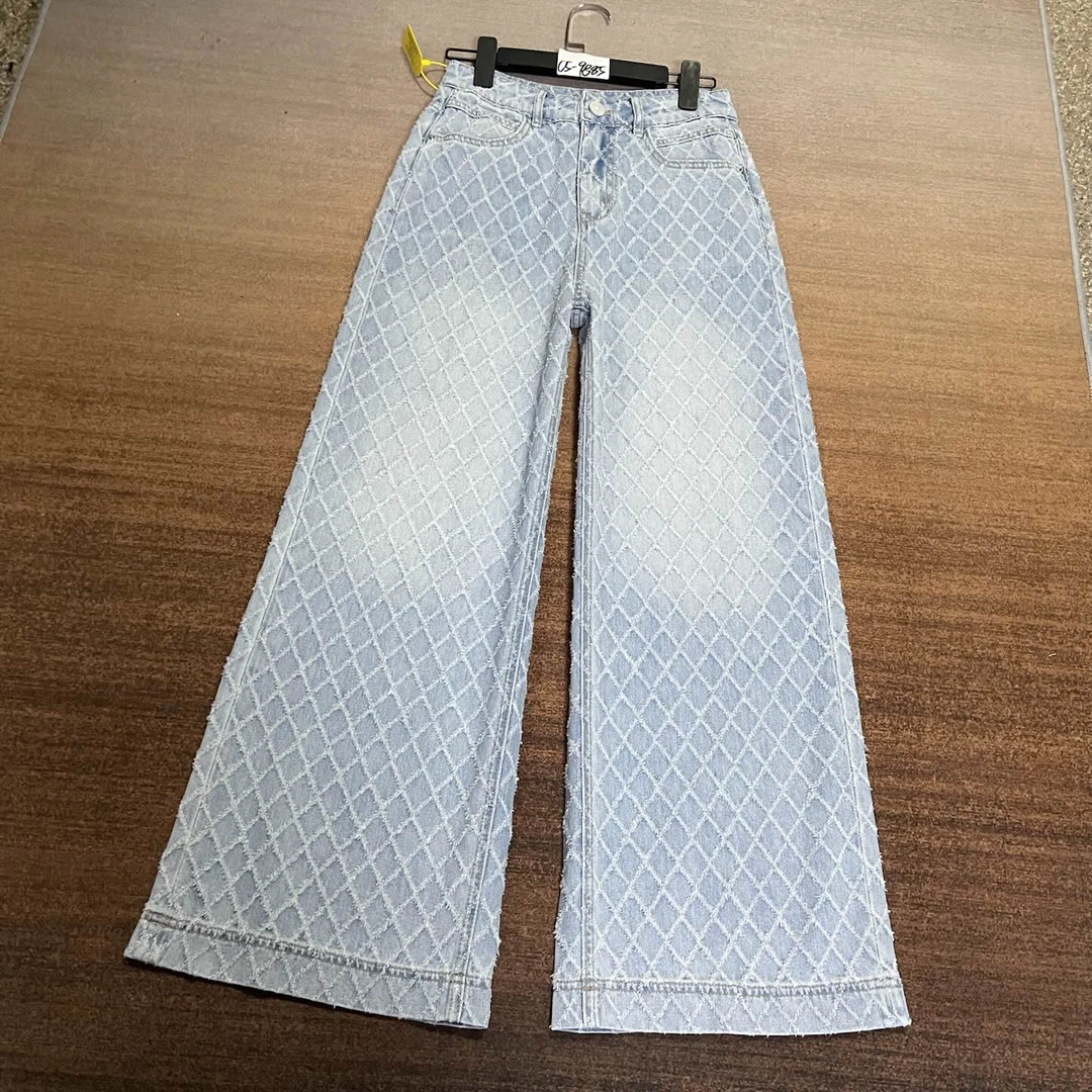 C5-9885 薄款 浅蓝色小众超火提花格子阔腿裤 无弹（不换退）