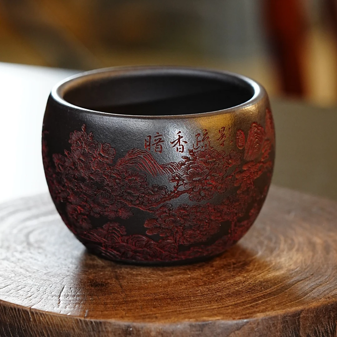 宜兴原矿龙山古乌泥手工刻绘暗香疏影满刻精致紫砂主人杯