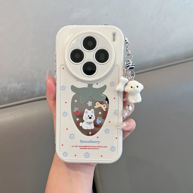 适用vivox200s手机壳新款镜面可爱草莓小狗全包防摔ins保护套女款