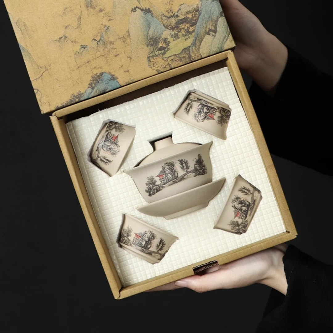 A 23粗陶盖碗四杯创意礼盒装送礼