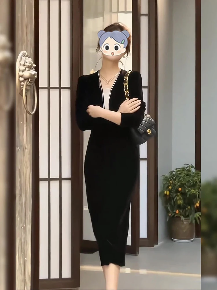 大码小黑裙女显廋气质黑色打底长裙法式遮肉长袖连衣裙御姐裙子