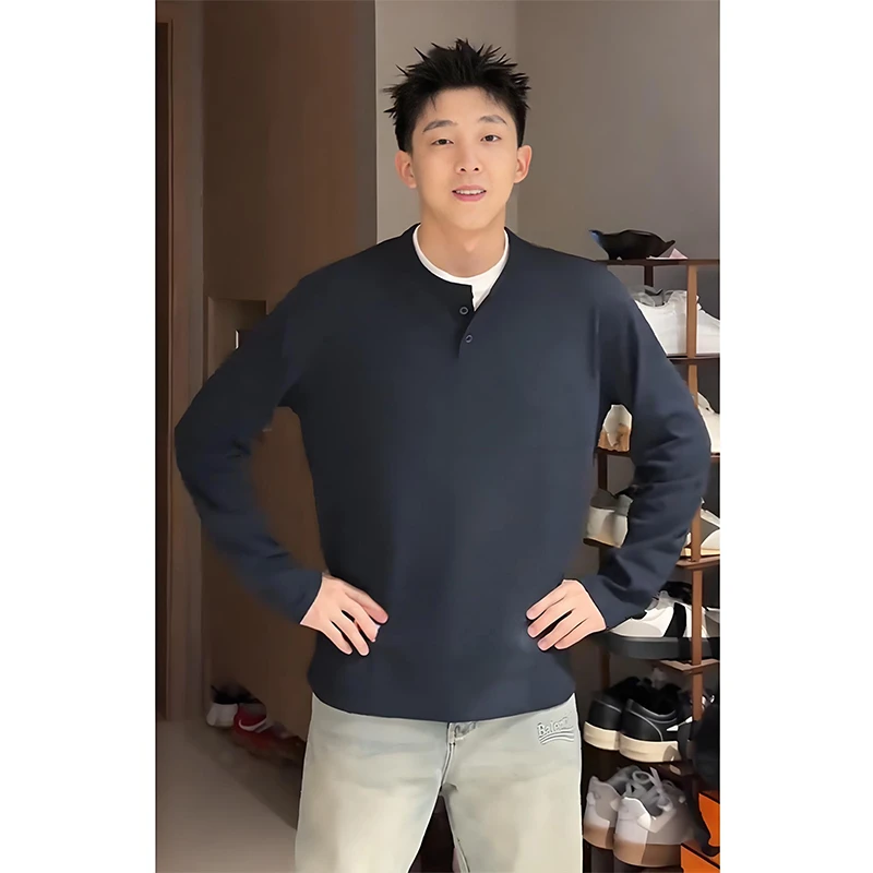 亨利领假两件长袖T恤男款秋季设计高级感美式正肩卫衣内搭打底衫