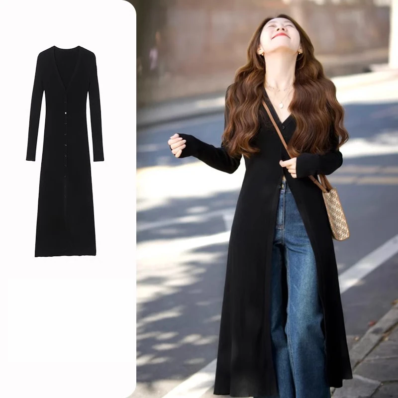 中长款黑色v领针织开衫外套女早春季收腰洋气别致绝美高级感上衣