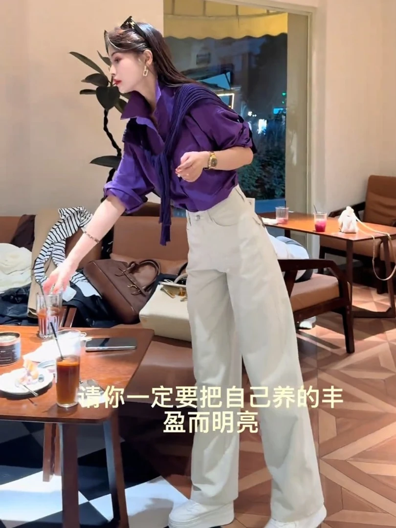 长袖衬衫女2025秋季新款胖妹妹独特超好看紫色针织披肩上衣高级感