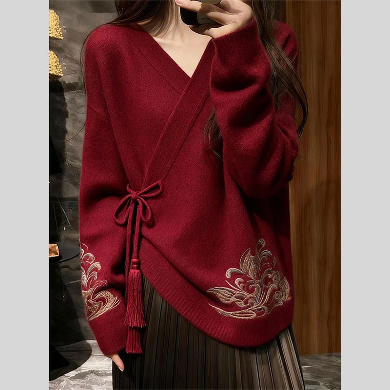 独特高端新中式国风毛衣女2025冬季新款爆款慵懒宽松超火针织上衣