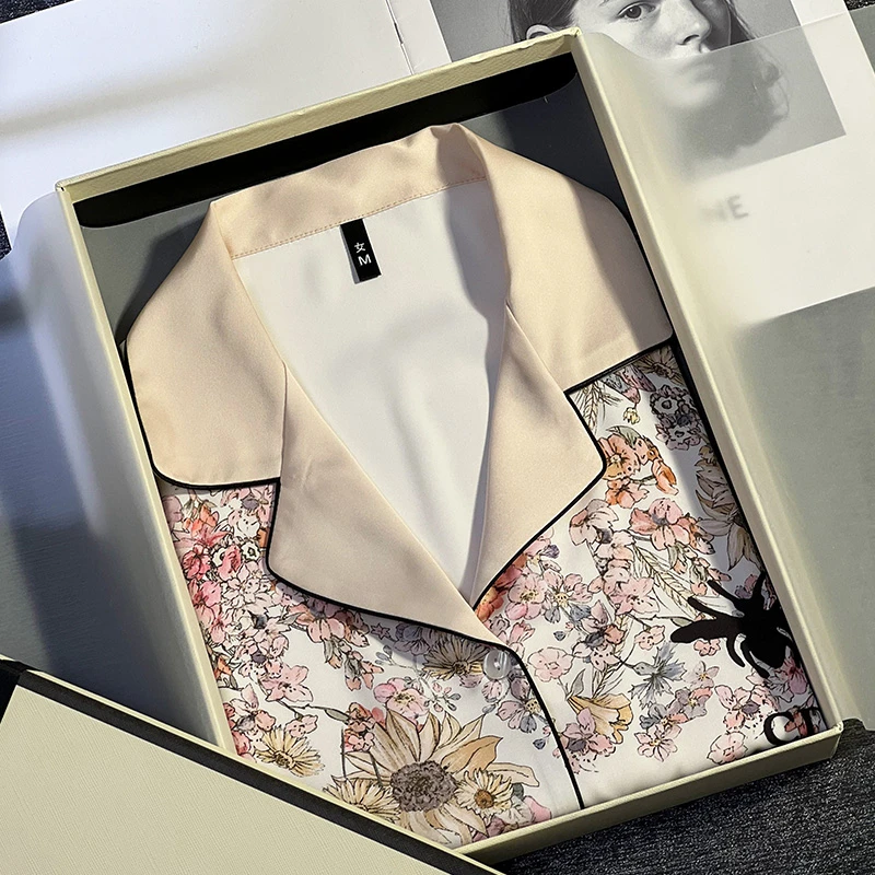 Sifuma/斯服玛《花蝶》夏季丝质短袖短裤三件套装睡衣家居服女