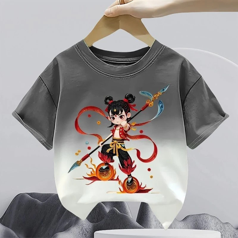国潮可爱哪吒春夏款薄男女中大儿童渐变短袖含棉圆领宽松上衣潮流