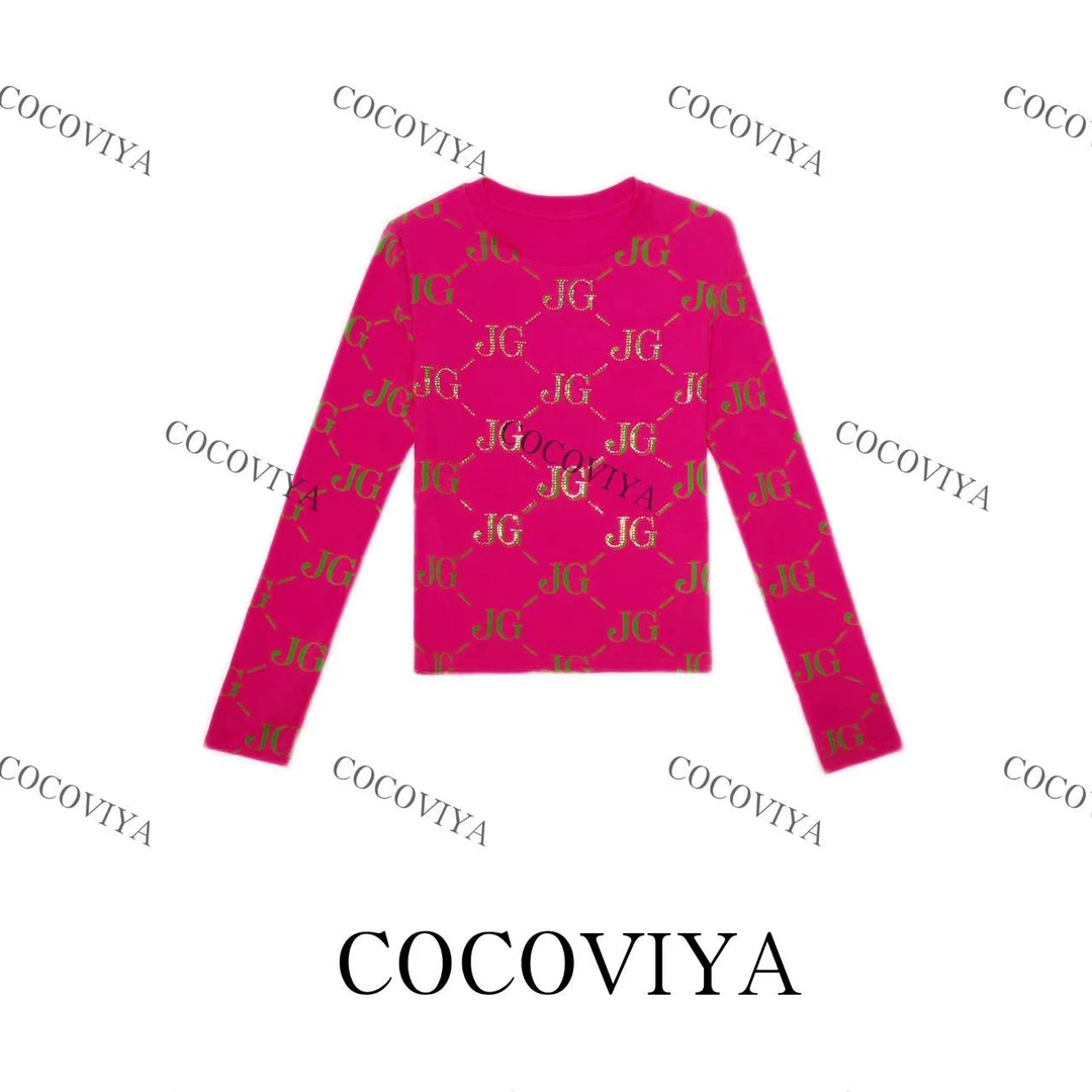 【CC】COCOVIYA轻奢甜飒粉韵字母长袖T恤遮肉显瘦休闲上衣26C-864
