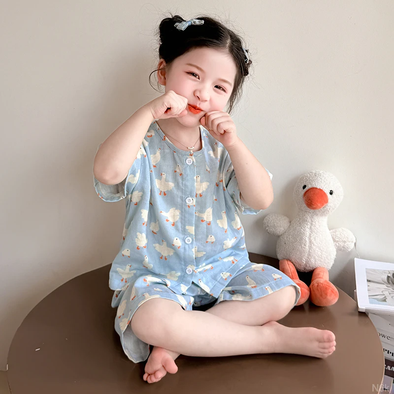 儿童睡衣女孩a类纯棉纱布2025新款宝宝空调服夏季短袖女童家居服