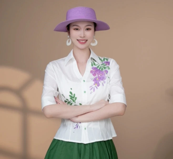 小井定制私服【落花晚霞】设计师手绘收腰设计衬衣J25W333