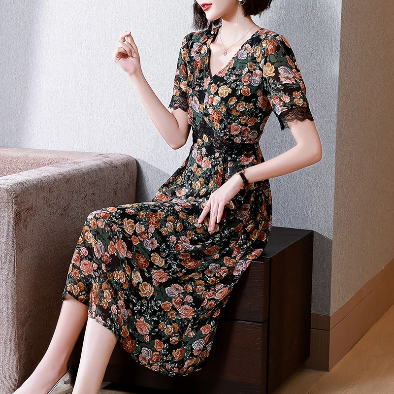 【品牌特价】70070连衣裙女短袖夏装时尚V领碎花雪纺中长