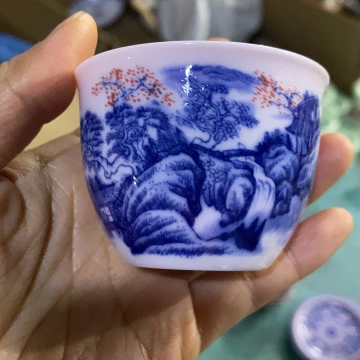 摆件陶红稀土青花釉里红小缸杯