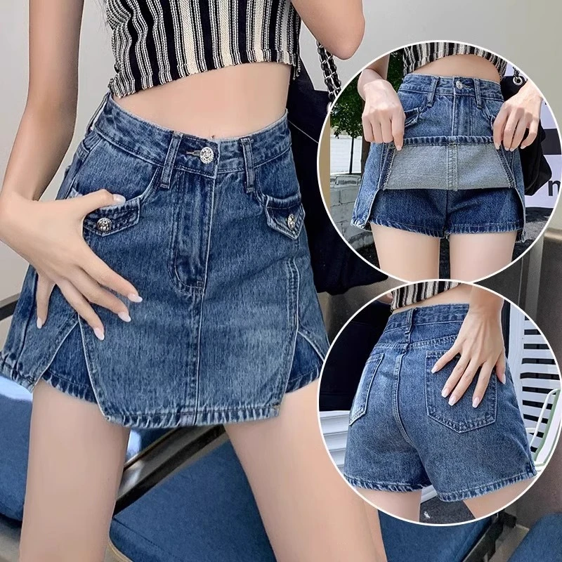 2025夏季新款牛仔裤女复古开叉高腰辣妹设计宽松显瘦假两件裙裤子