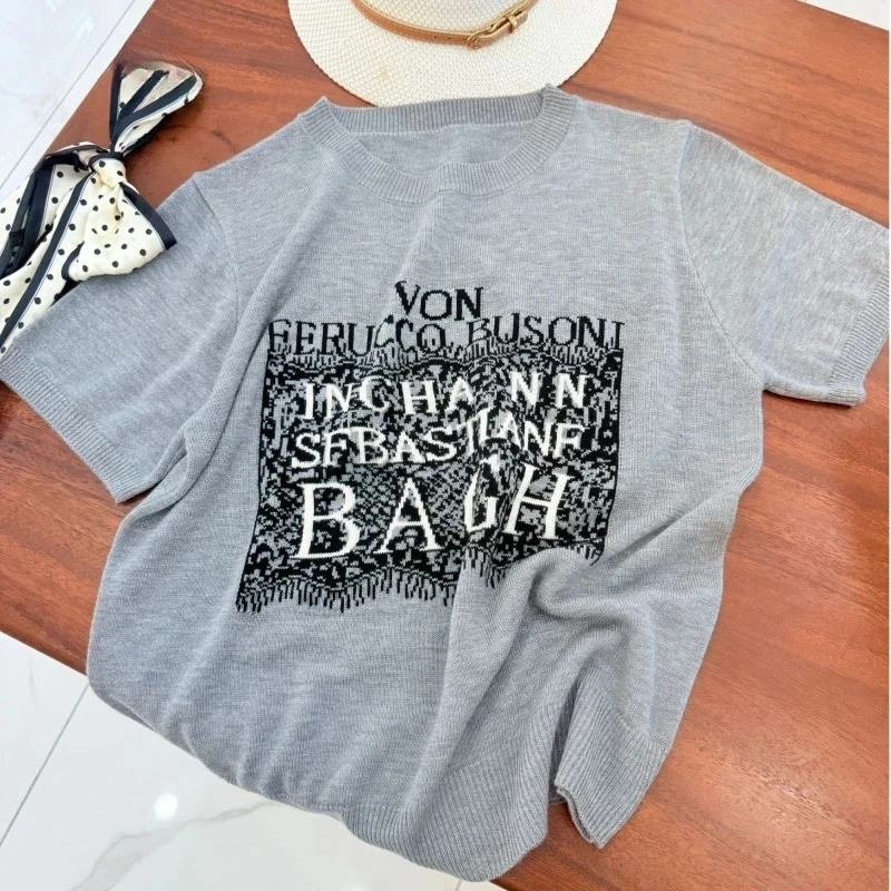 5111【超薄桑蚕丝】字母提花针织短袖春夏新款女减龄显瘦薄款毛衣