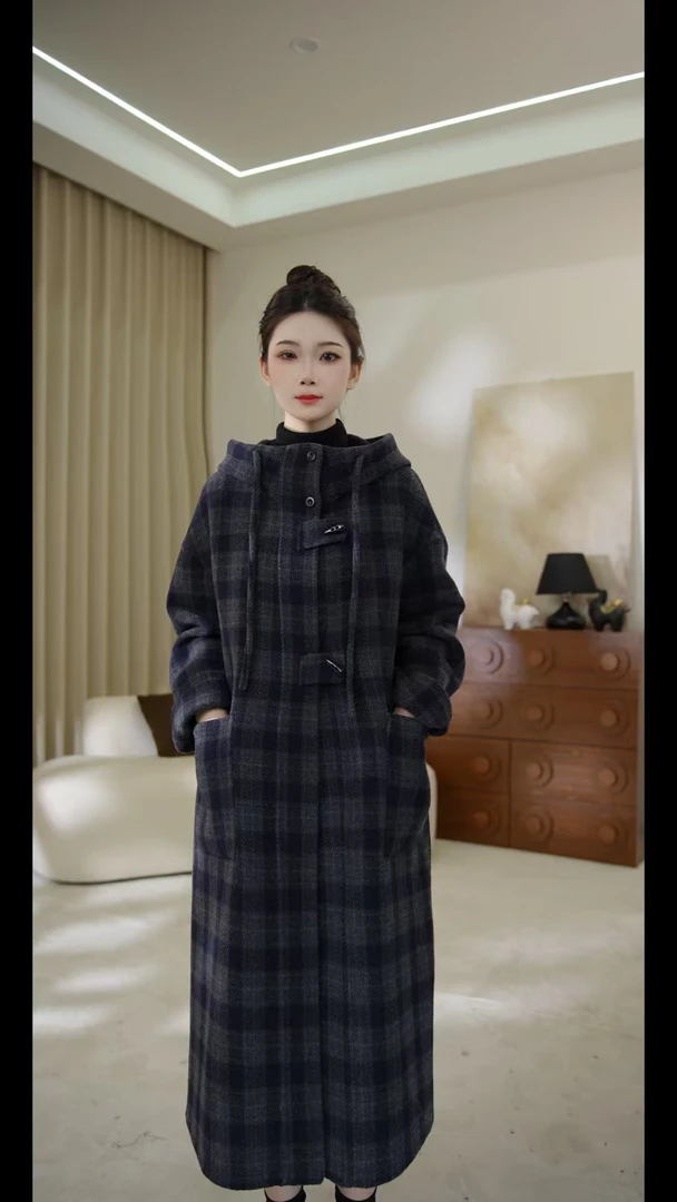 【张卿卿】羊驼毛秋冬新款气质美学大帽子彩格韩系绒镜长款大衣