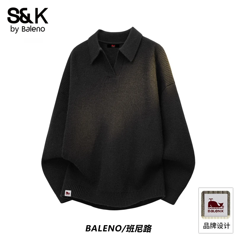 班尼路S&K官方翻领黑色毛衣男士秋季新款高级感宽松Polo衫长袖男Y