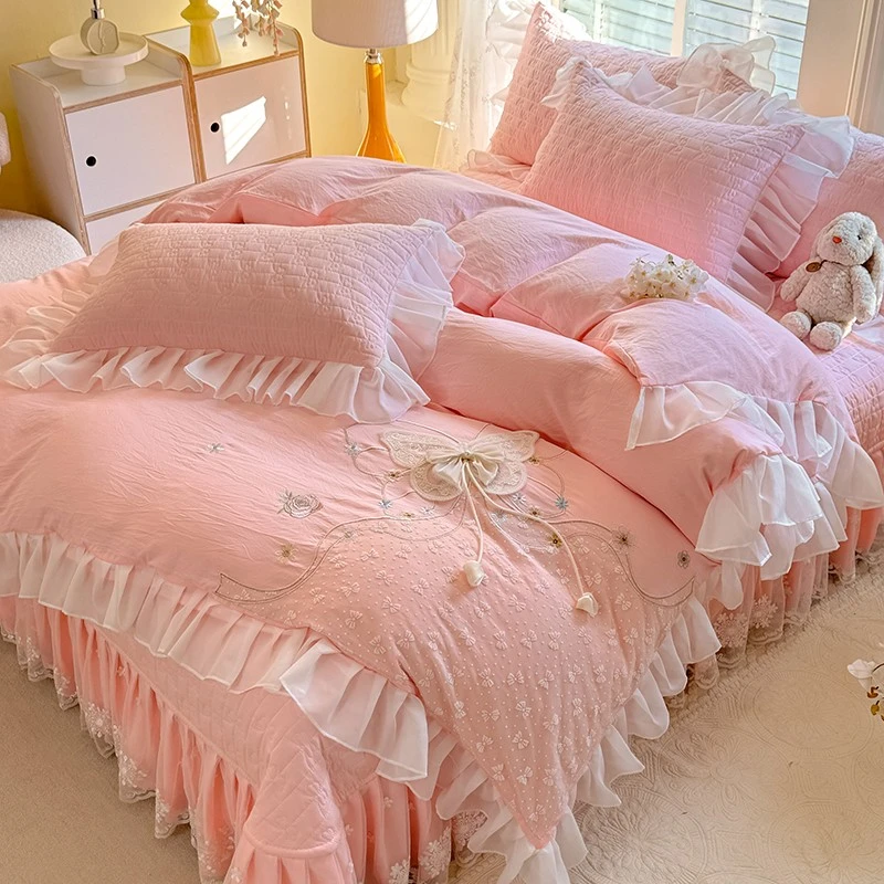 韩版甜美公主风水洗棉刺绣纯棉麻全棉少女心床盖四件套奶油风被套