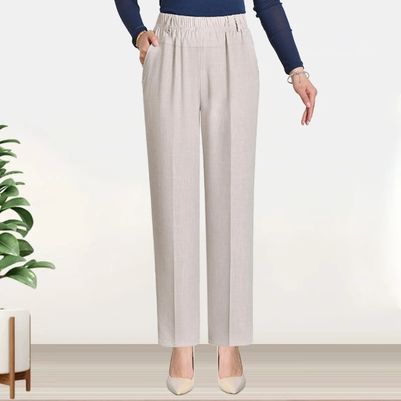 夏季高腰麻棉休闲裤中老年宽松九分裤大码宽松女裤中老年