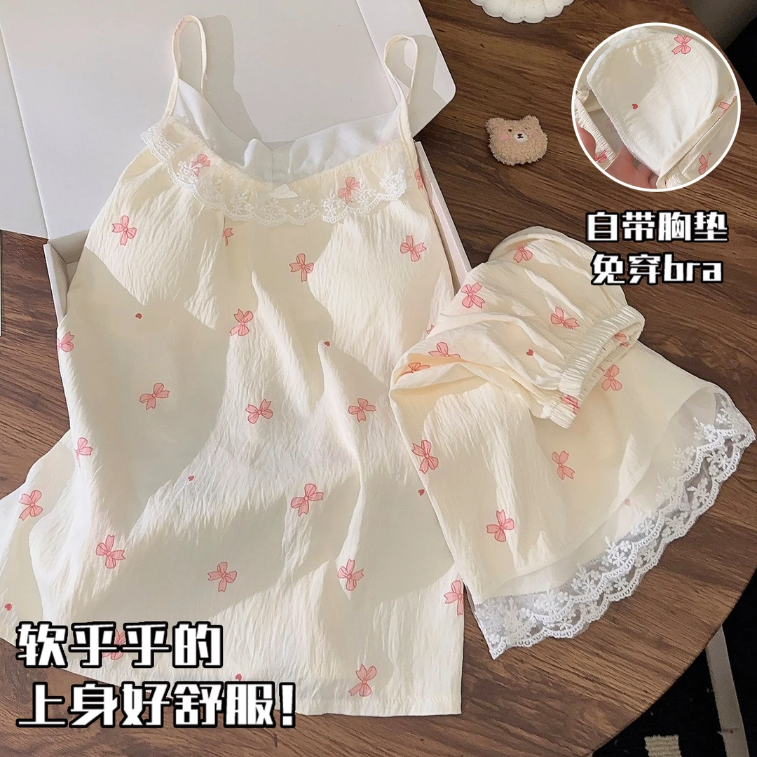 带胸垫睡衣女夏季云朵棉薄款吊带短裤甜美蝴蝶结家居服套装可外穿