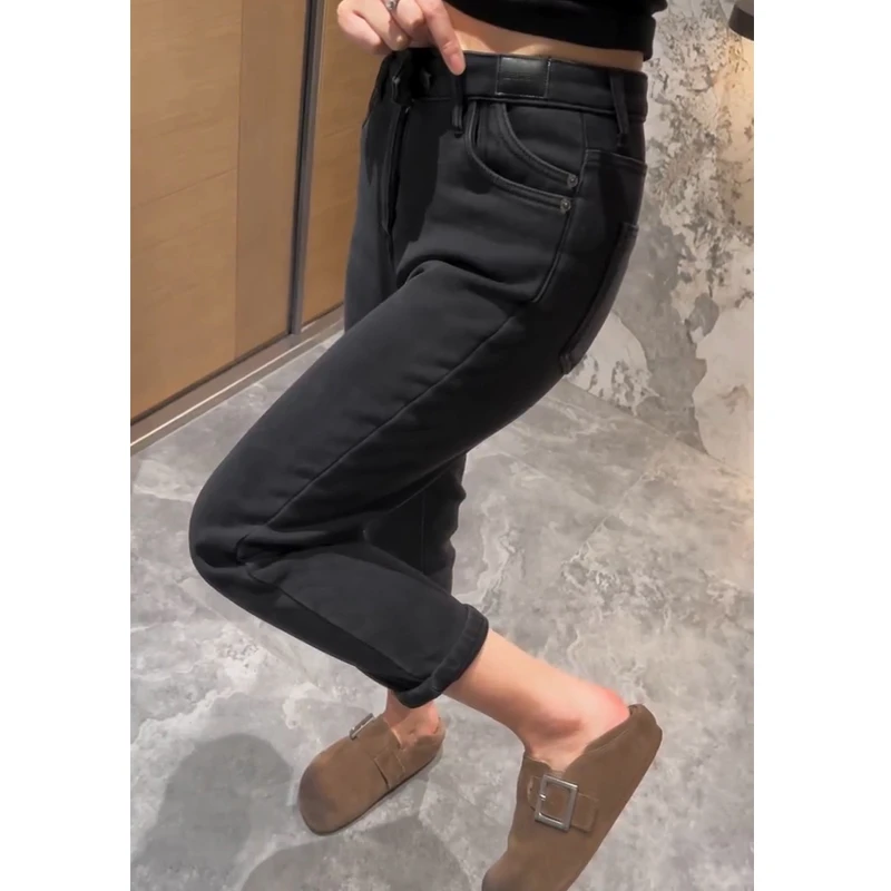 黑灰色胖mm高腰弹力直筒法棍牛仔裤女秋冬加绒宽松显瘦九分烟管裤