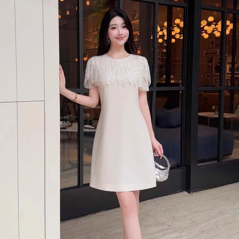 【有里布】2025夏季新小香风重工钉珠荷叶袖显瘦A字连衣裙D2440