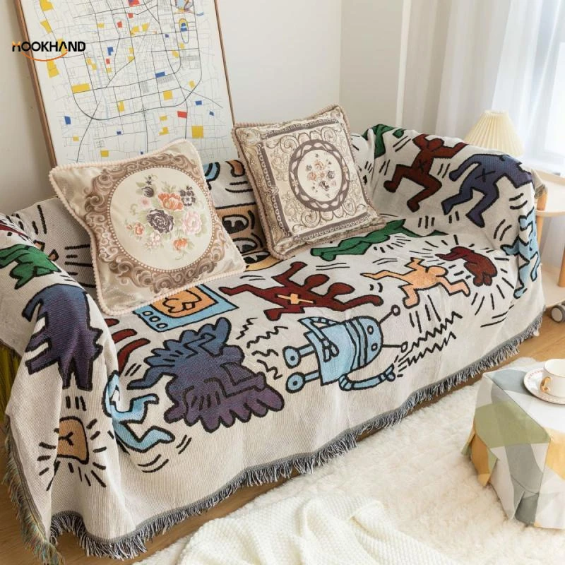 美国涂鸦沙发巾北欧风沙发防尘罩全盖布沙发套民宿装饰毯blanket