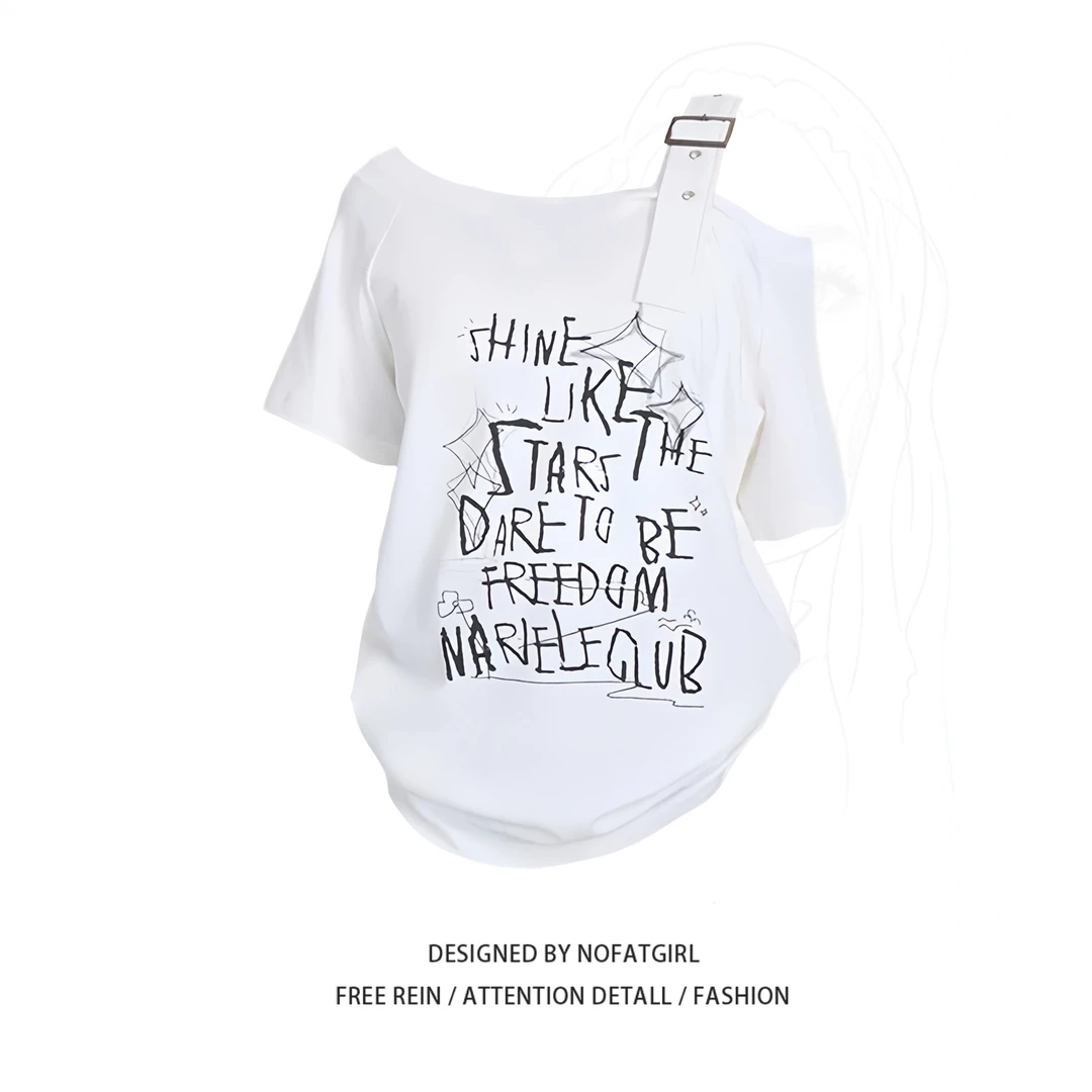 大码胖MM美式复古创意印花斜肩短袖T恤女夏季宽松显瘦露肩上衣ins