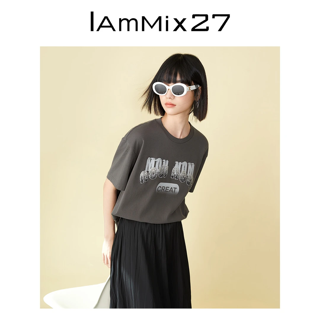 Iammix27短袖T恤女夏季宽松大廓形百搭印绣花圆领套头衫M4B8069