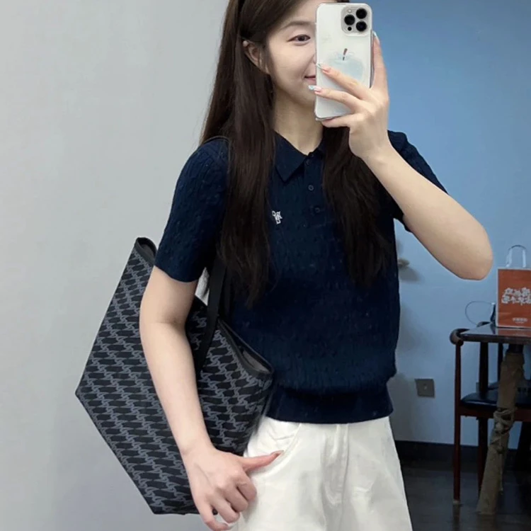 夏季新款独特漂亮小衫Polo领针织短袖T恤女洋气时髦气质正肩上衣