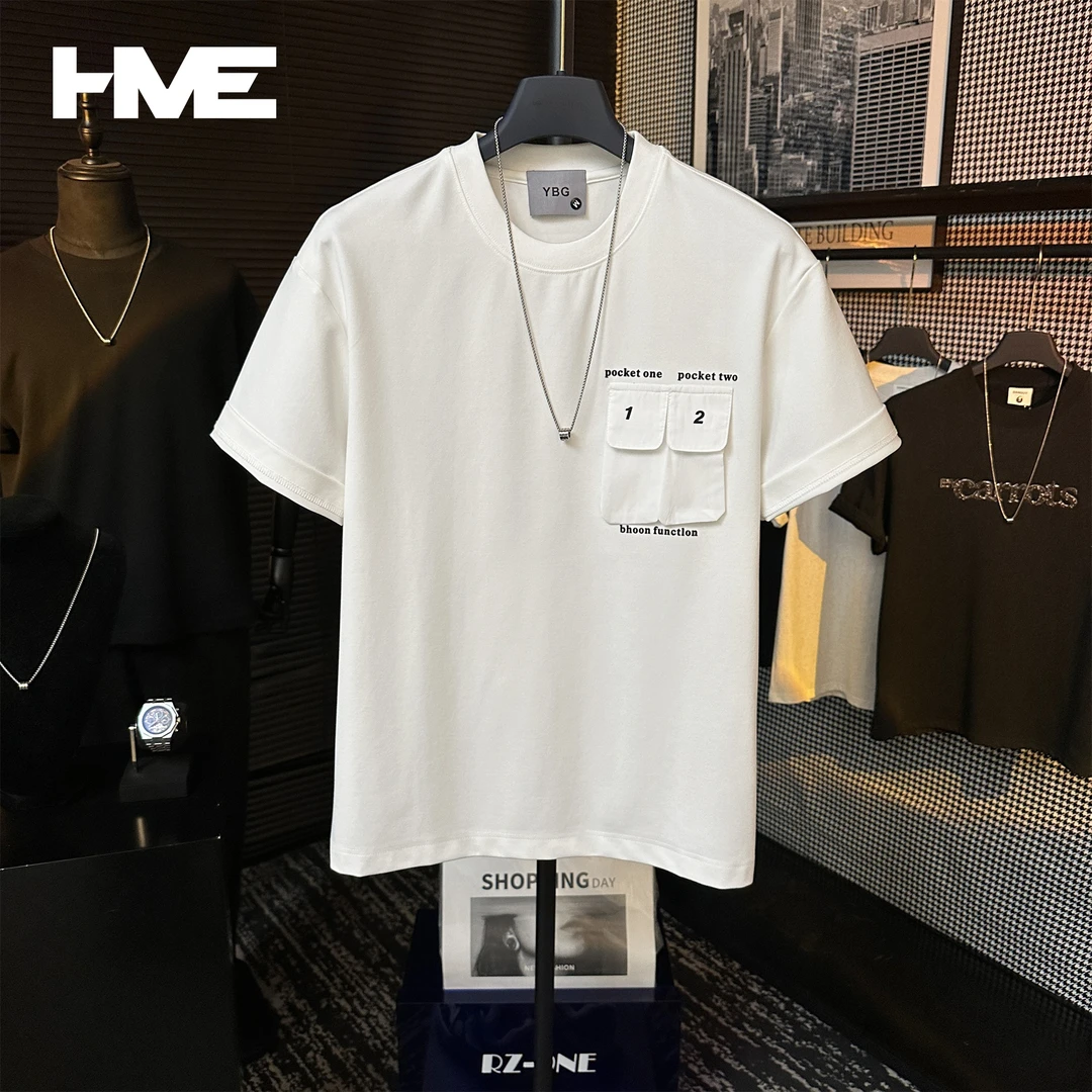 【HMEYAO】夏季高定双口袋字母立体印花设计简约冰感棉圆领短袖T恤