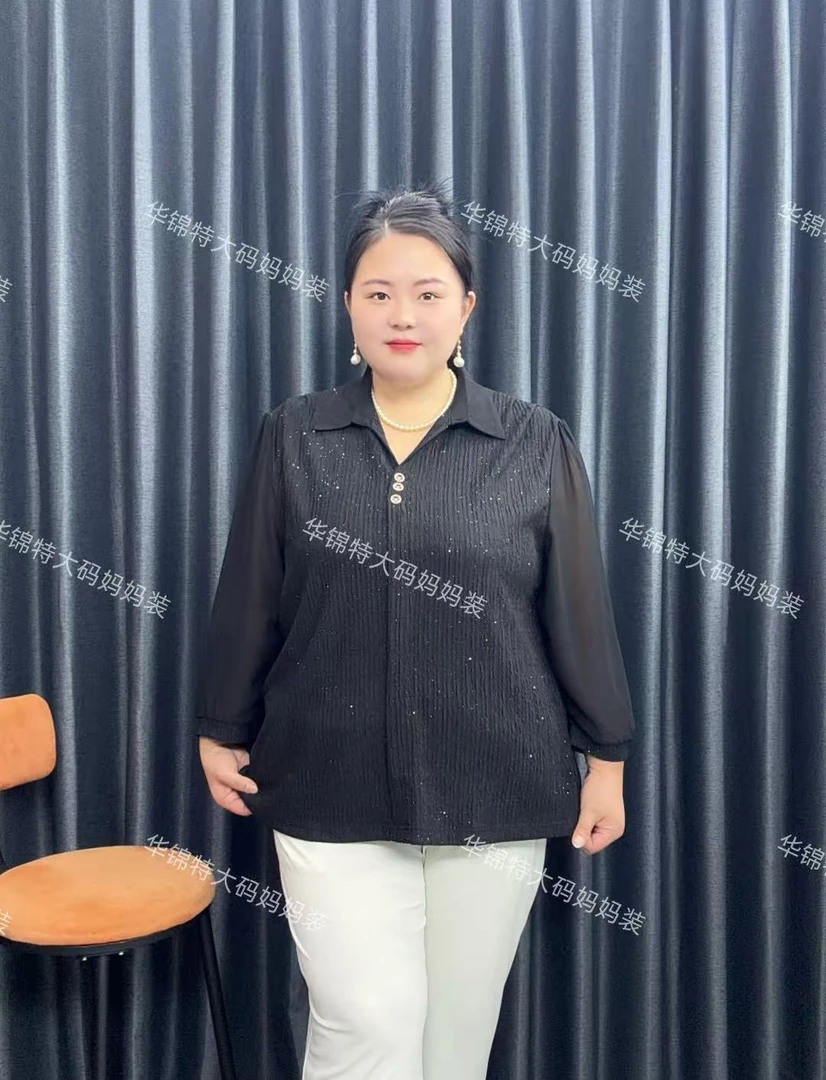 100-240斤特大码胖妈妈双绉亮片翻领九分袖春夏上衣减龄显瘦女