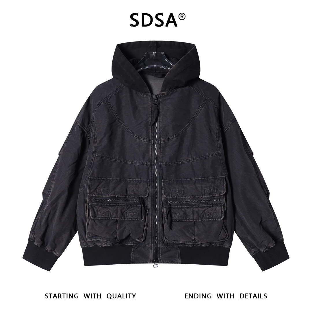 SDSA男士秋冬新款痞帅男装复古工装拉链连帽夹克外套宽松重工百搭