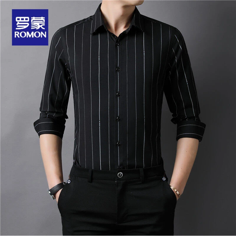 罗蒙秋季爆款弹力抗皱轻商务休闲条纹男士长袖衬衫修身中青年衬衣