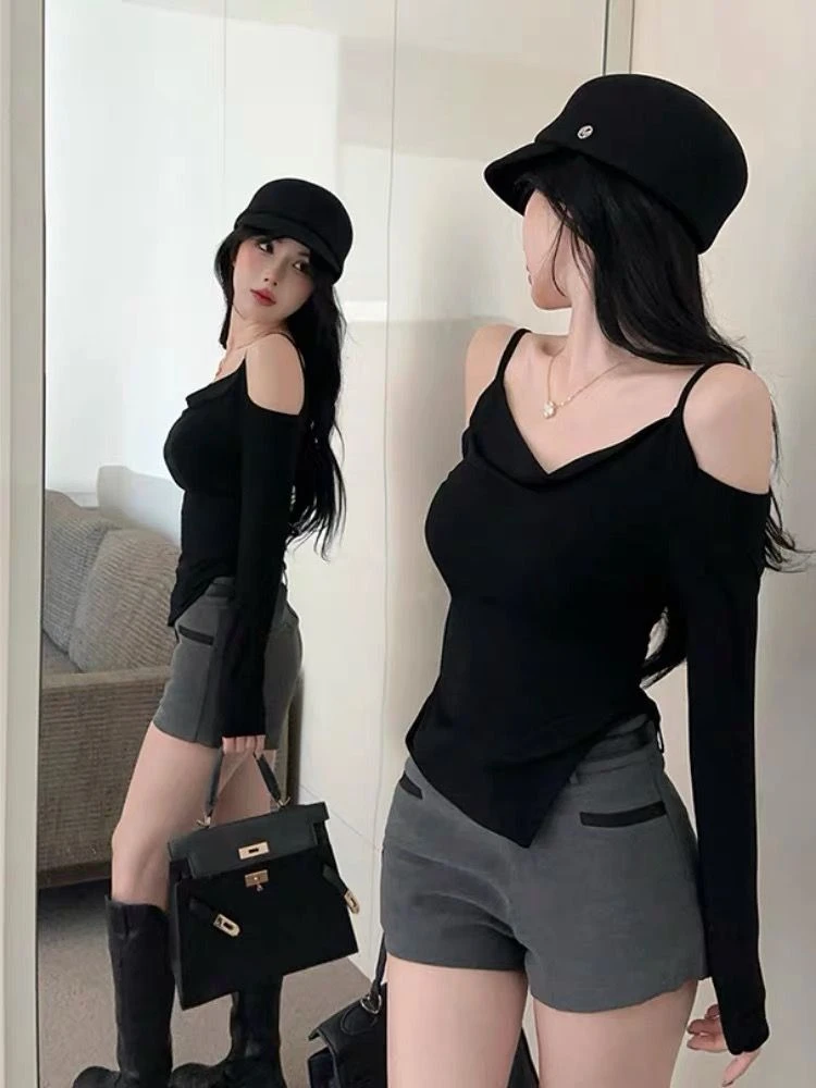 纯欲气质设计感小众露肩不规则开叉别致修身百搭长袖T恤黑色女