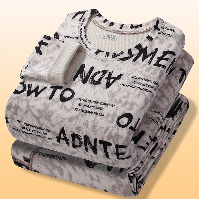 保暖内衣男套装秋冬季男士秋衣秋裤圆领印花字母百搭扎染打底衫潮