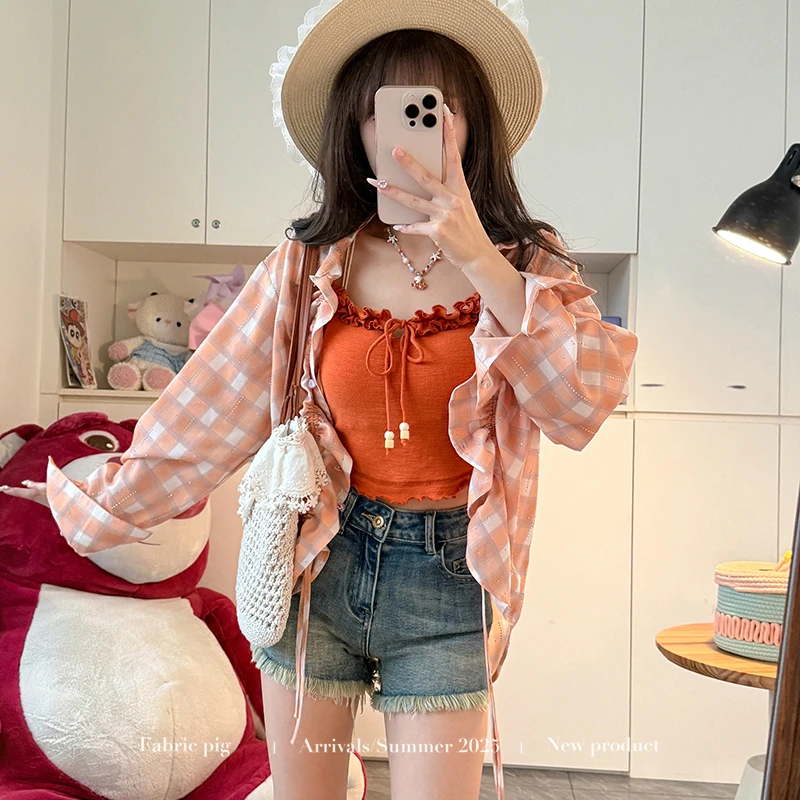 芋泥方格 织物猪原创 橘色抽绳格子长袖衬衫女夏吊带做旧牛仔短裤