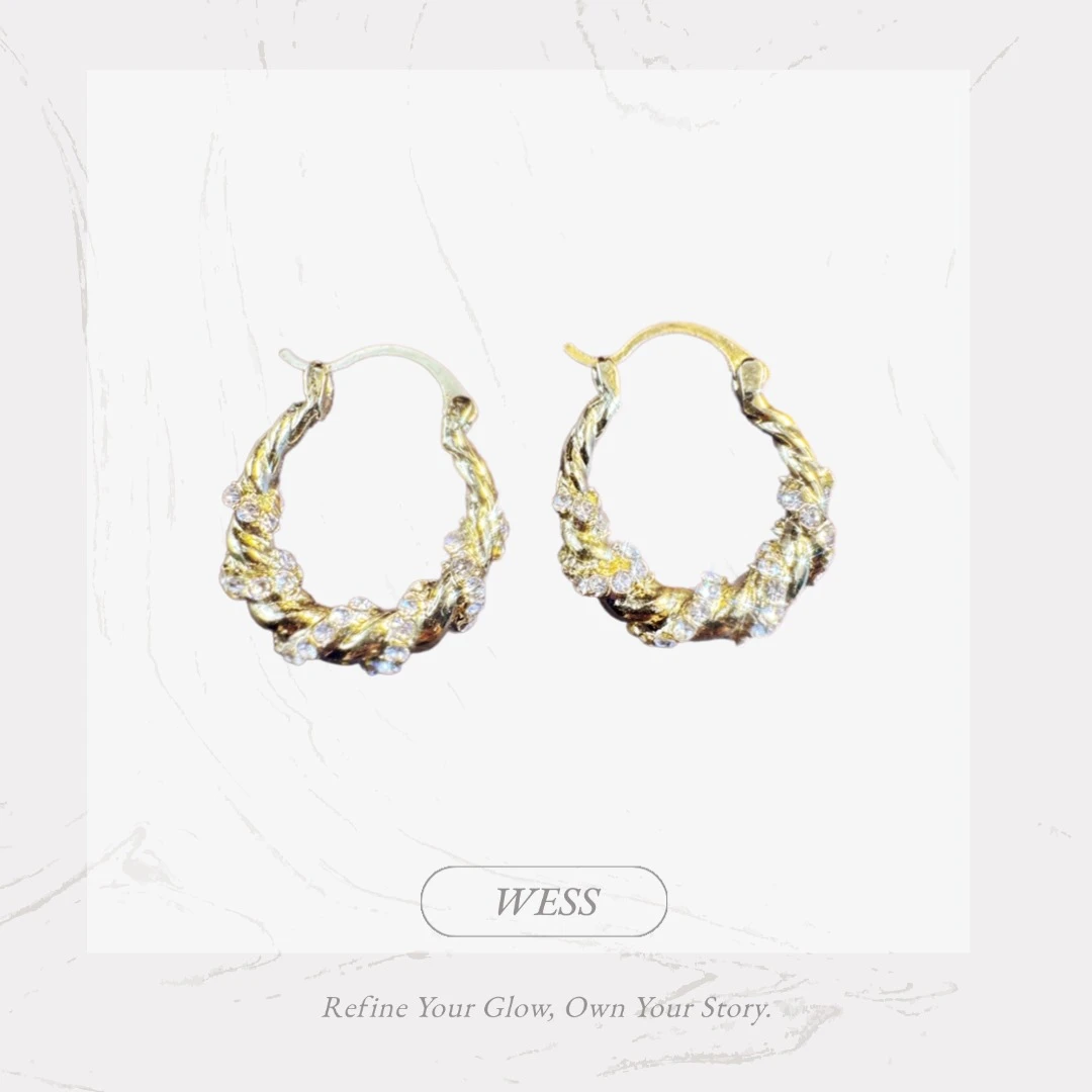 铜合金锆石耳饰 WESS 法式满镶锆石麻花耳扣名媛风百搭小众设计款