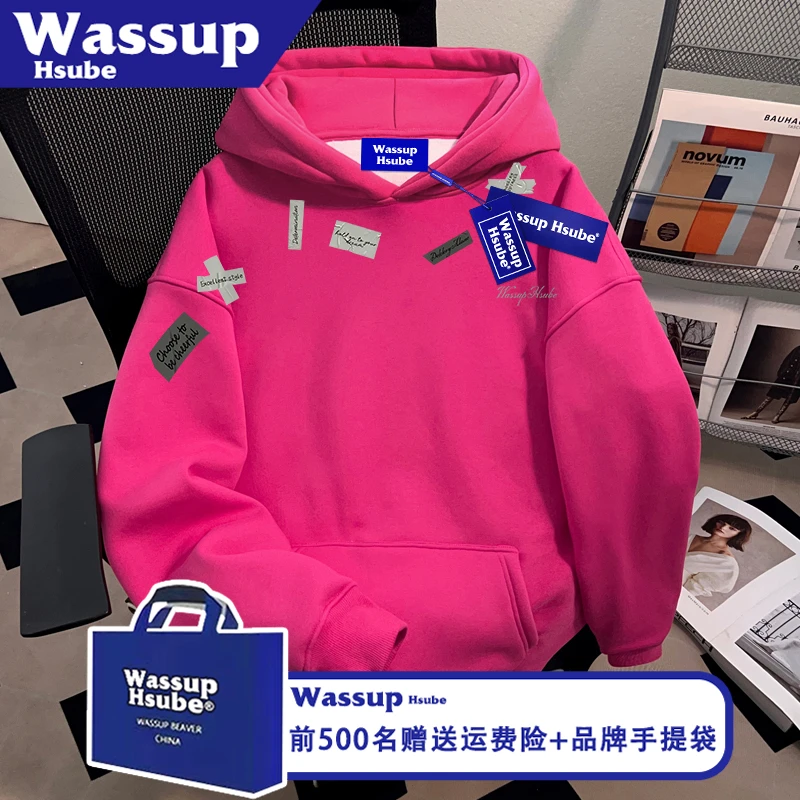 WASSUP HSUBE秋冬男女连帽套头上衣美式创意潮牌印花火龙果色卫衣