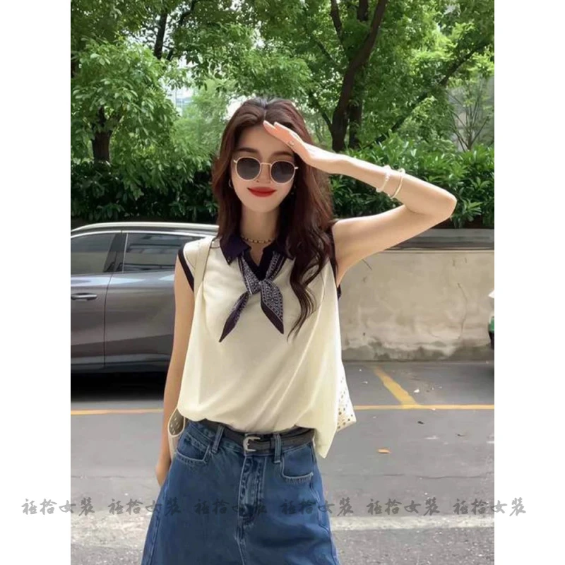 夏季高级感白色无袖针织T恤丝巾POLO衫时尚洋气上衣牛仔短裤套装