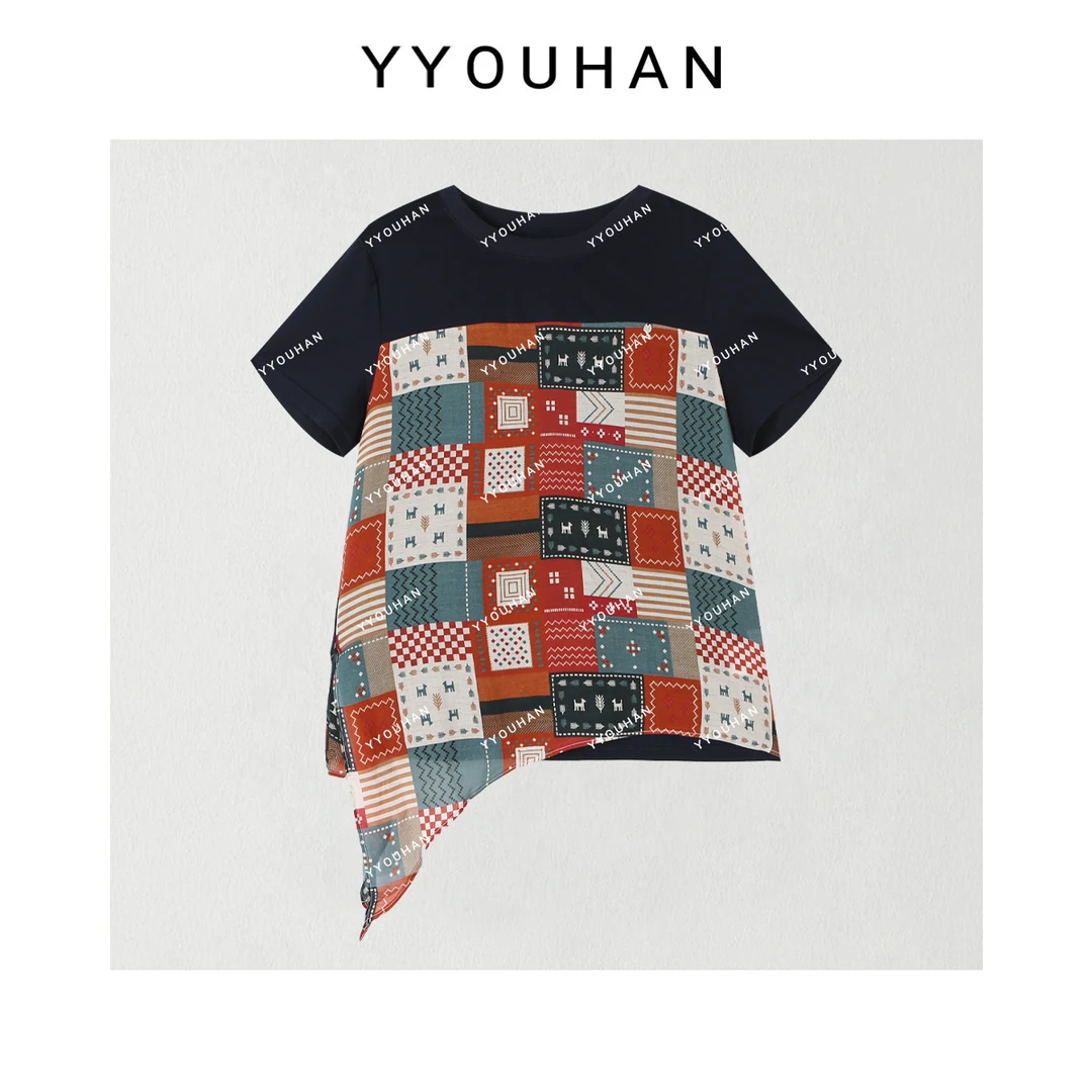 YYOUHAN 2025新款【印象派】极简格纹拼接不规则下摆T恤 2506C3170