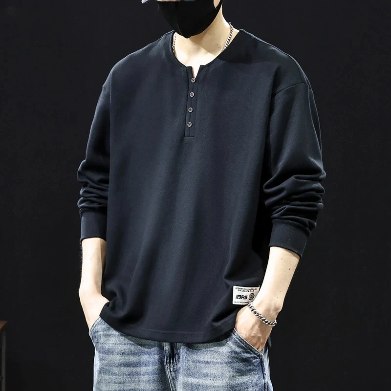 320g重磅纯棉打底衫男士春秋款高级感亨利领卫衣男装上衣长袖T恤